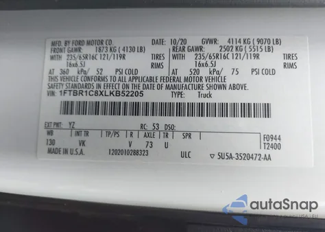 2020 Ford Transit T-250 из США, поврежденный, VIN 1FTBR1C8XLKB52205